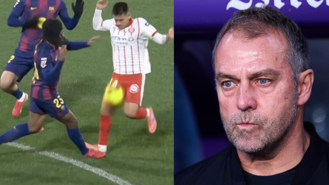 Barcelona, Girona'nın golünden hemen önce Koundé'ye yapılan faulden şikayet ediyor: "Hepiniz bunu gördünüz burada", diyor Hansi Flick