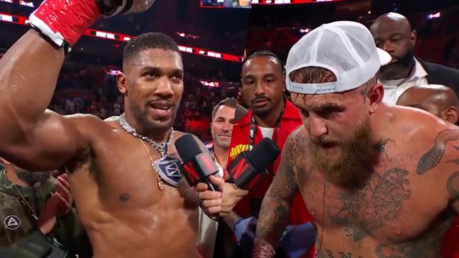 Jake Paul'un kariyerinde ilk kez Anthony Joshua tarafından yere serildiği an