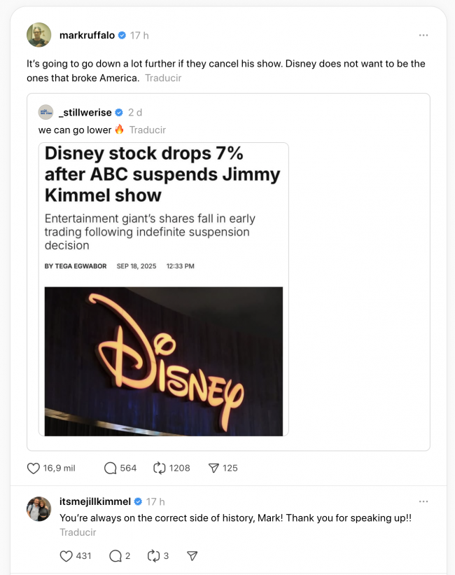 Mark Ruffalo, ABC'nin askıya alınmasının ardından Jimmy Kimmel'i destekliyor