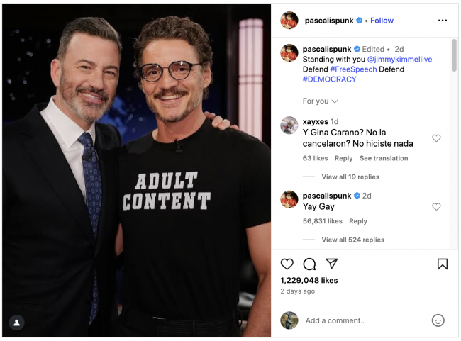 Pedro Pascal, ABC'nin askıya alınmasının ardından Jimmy Kimmel'i destekliyor