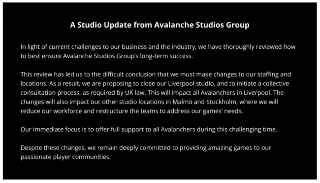 Avalanche Studios, Liverpool ofisini kapattı, İsveç'teki personeli işten çıkardı