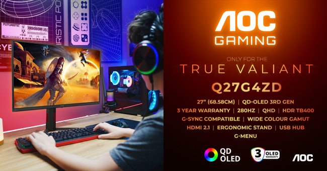 Bu, yepyeni AOC GAMING Q27G4ZD monitörüdür ve üçüncüsü kuşak QD-OLED teknolojisinin en yepyeni örneğidir